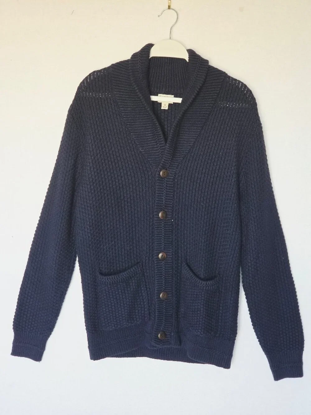 J.Crew Checker-Stitch Cotton Shawl Cardigan Button Pocket Navy  #BI890